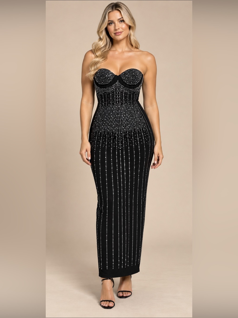 Strapless Black Embellished Evening Gown
